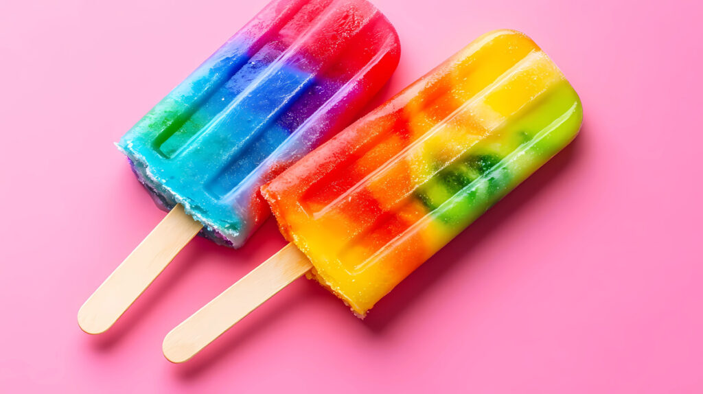 Two rainbow-colored popsicles against a pink background in Norman.