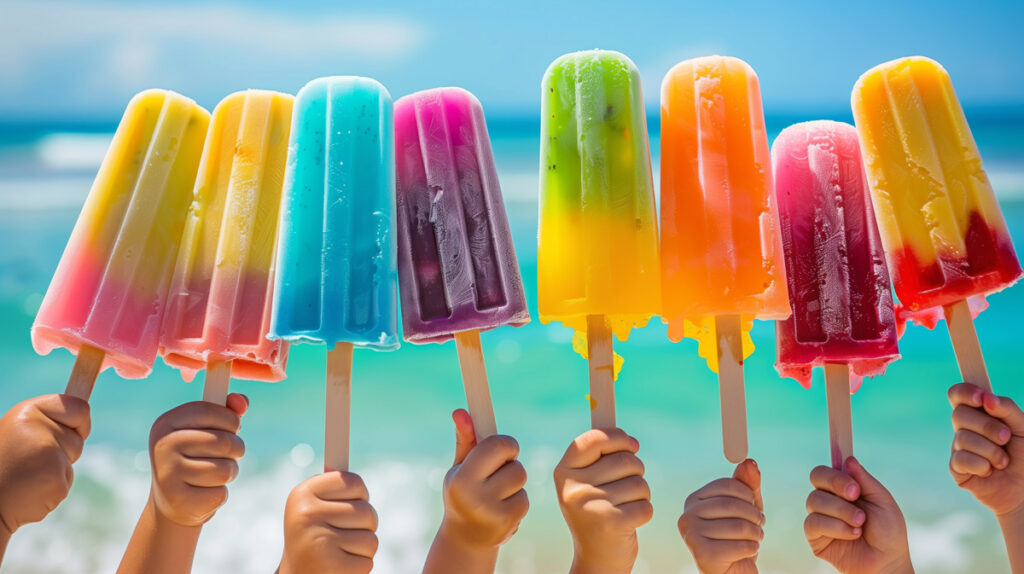 Children's hands holding up colorful popsicles at the beach in Norman.
