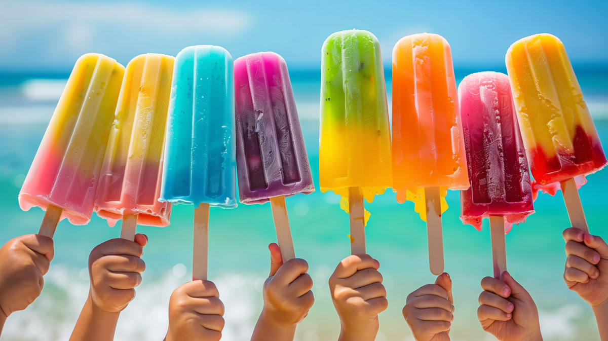 Children's hands holding up colorful popsicles at the beach in Norman.