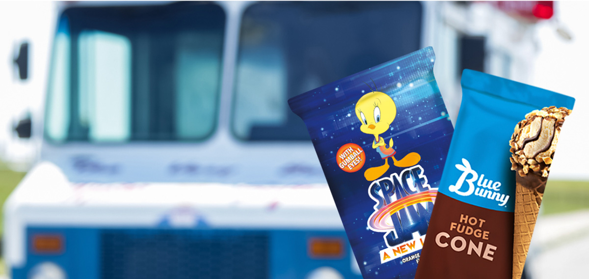 Two blue bunny ice cream treats with an ice cream truck behind it.