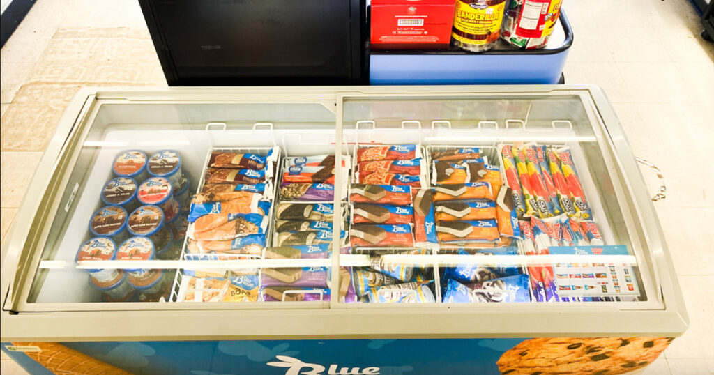 A cabinet of Blue Bunny ice cream in Norman.
